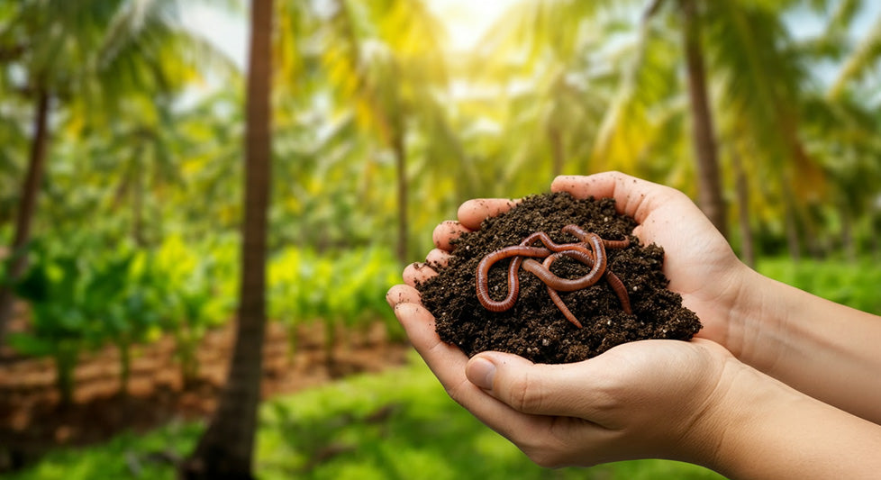 a realistic close-up of two cupped hands holding a handful of rich, dark soil teeming with red earthworms.