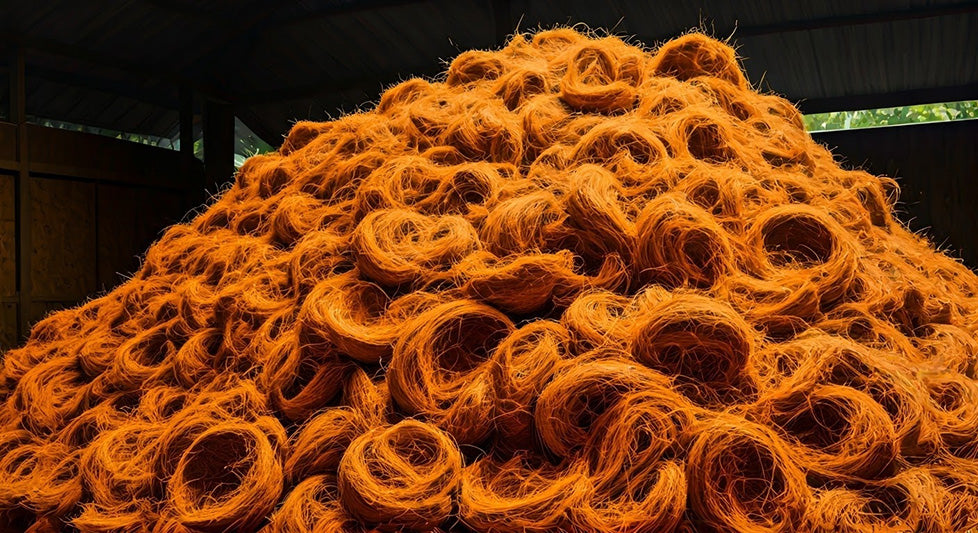 a realistic large pile of golden-brown coconut husk fibers, also known as coir, gathered in an outdoor processing area.